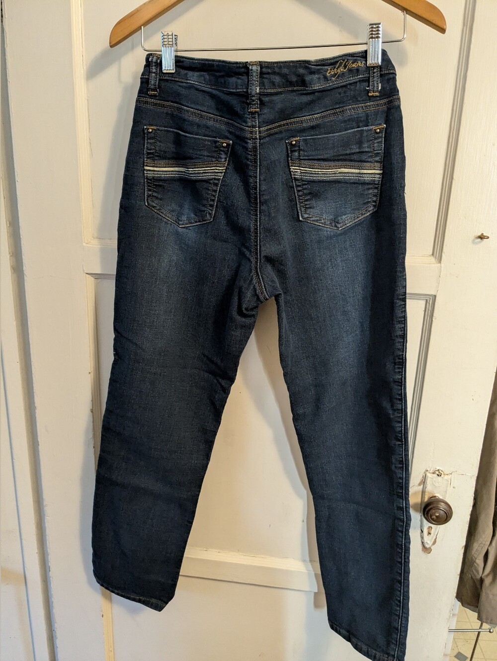 Ethyl brand Dark Wash Back-Pocket Jeans with Funky Stitching, size 4